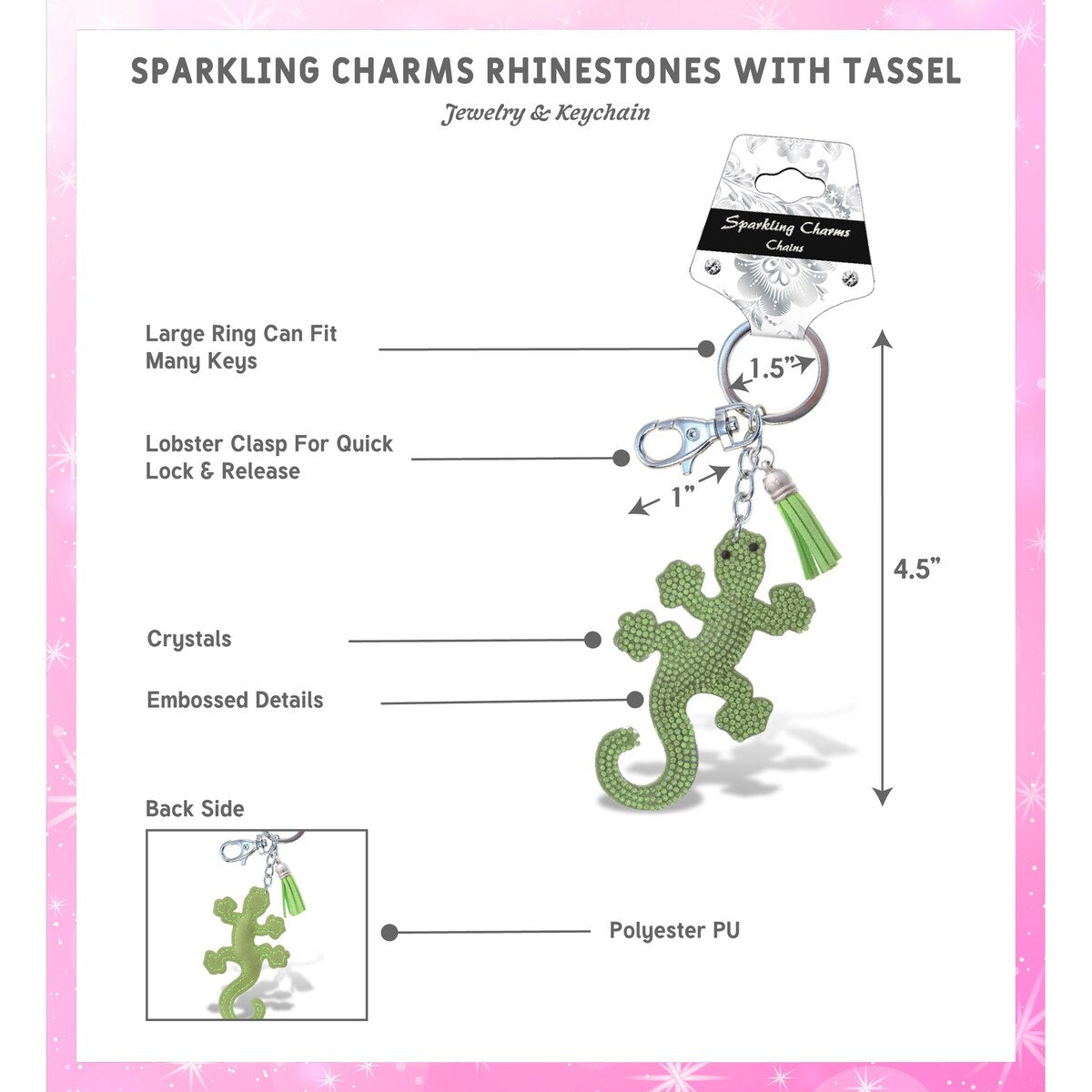 Aqua79 Gecko Keychain - Green Sparkling Rhinestones Charm with Tassel - 3.9 x 2.4 x 0.4 inches