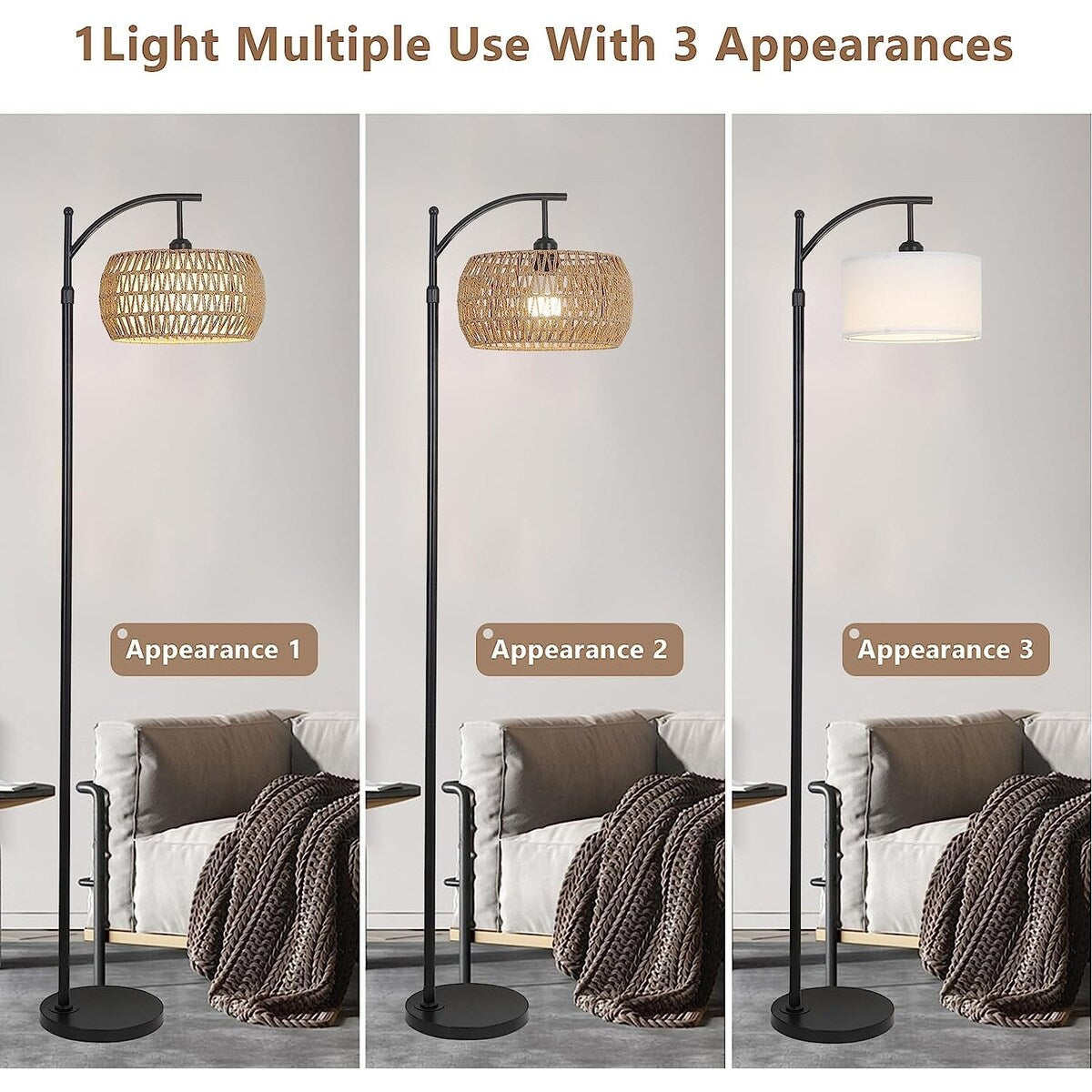 Arc Floor Lamp with Remote Control - Brown+Rattan - 12.6