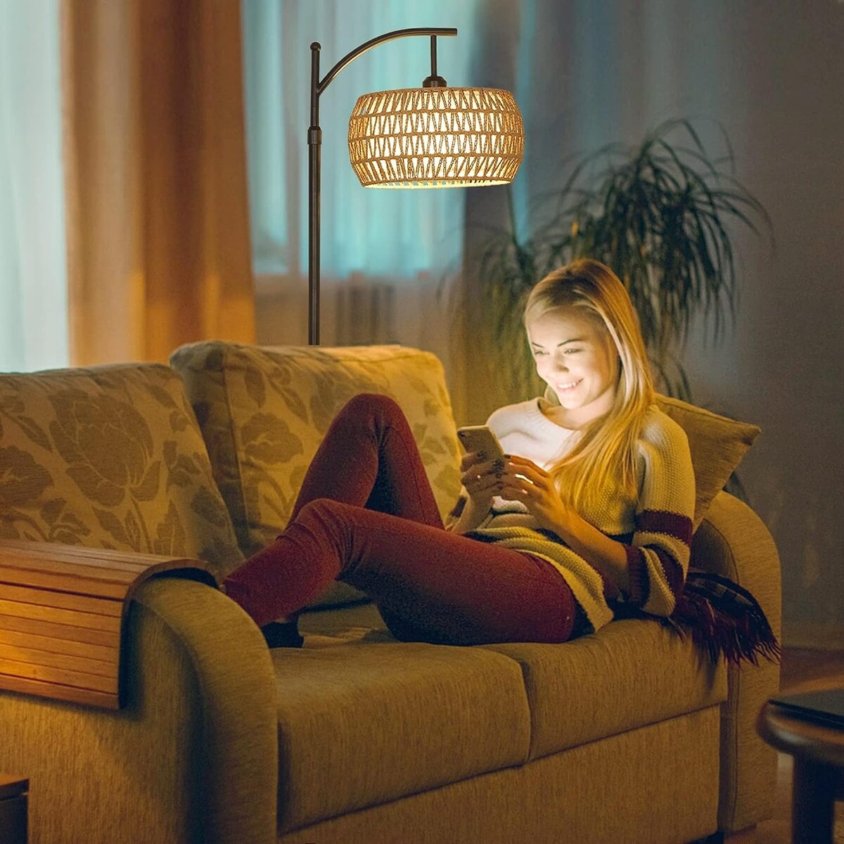 Arc Floor Lamp with Remote Control - Brown+Rattan - 12.6