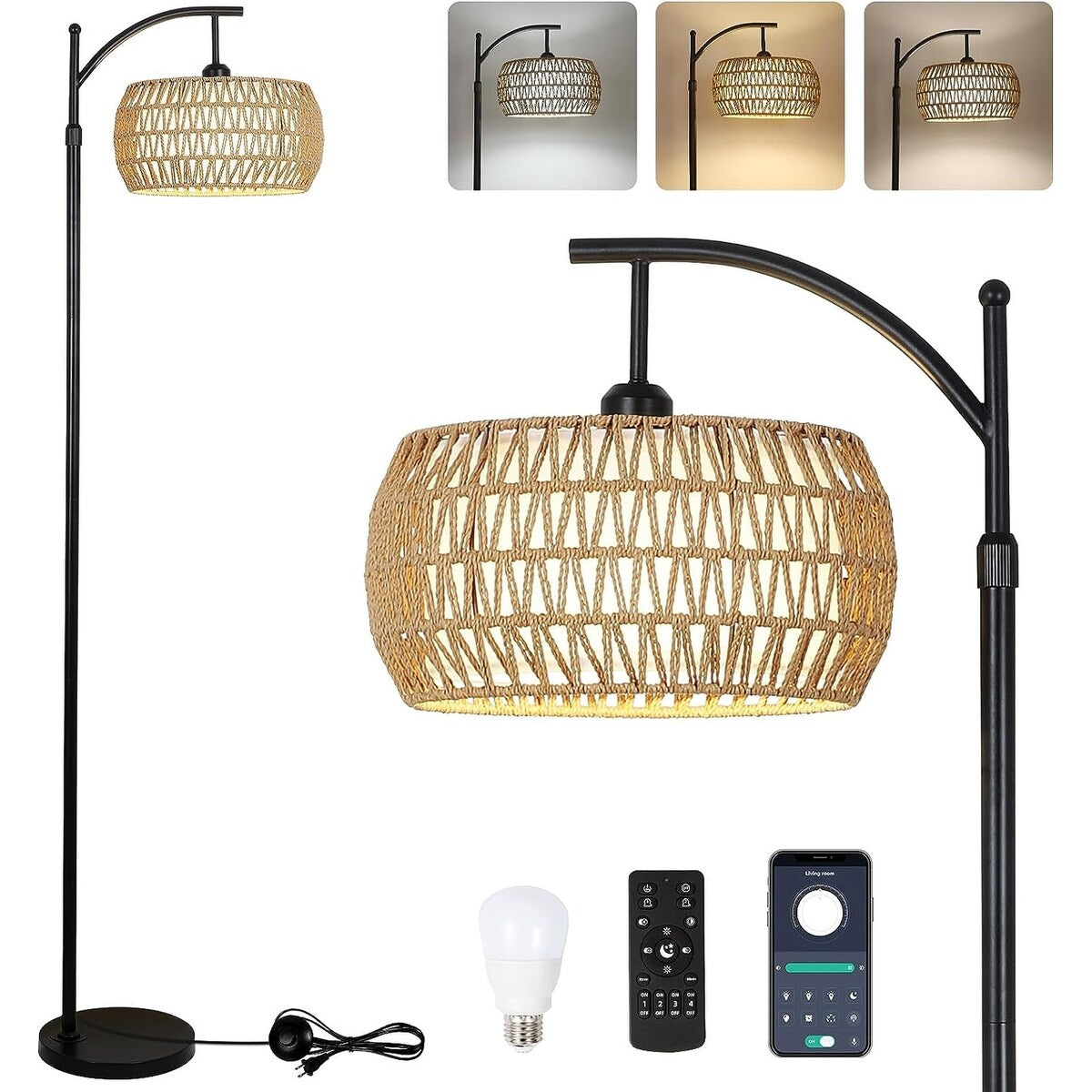Arc Floor Lamp with Remote Control - Brown+Rattan - 12.6