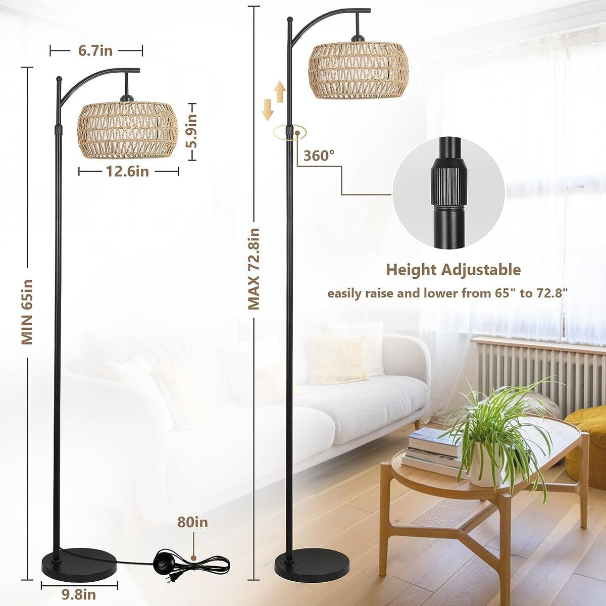 Arc Floor Lamp with Remote Control - Brown+Rattan - 12.6