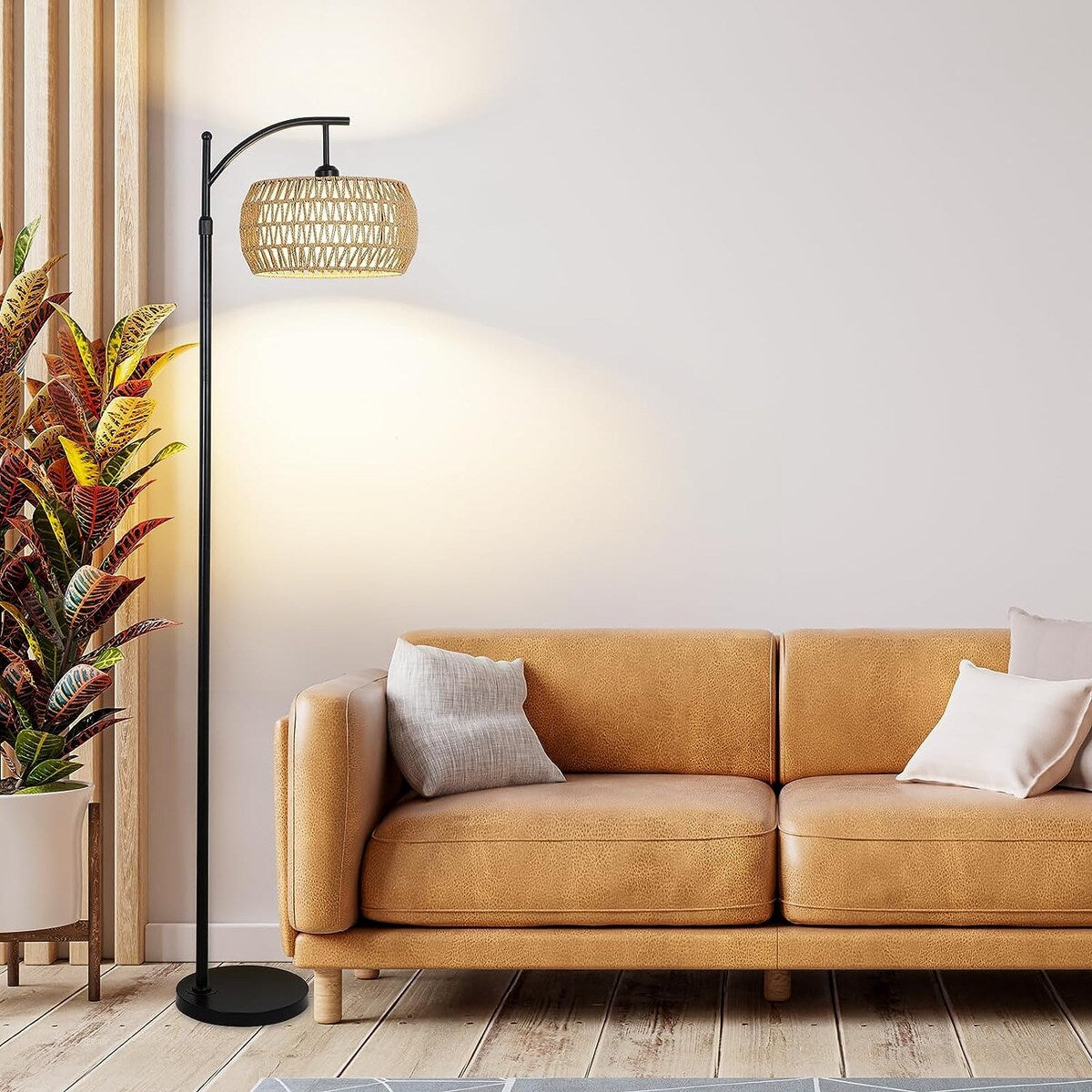 Arc Floor Lamp with Remote Control - Brown+Rattan - 12.6