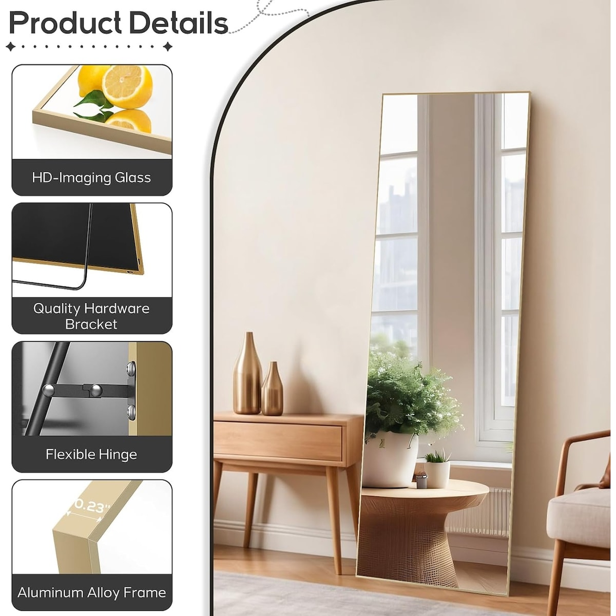 Modern Freestanding Full Length Floor Mirror, 16"x59" Body Wall Mirror, Tall Mirror with Stand Aluminum Alloy Frame