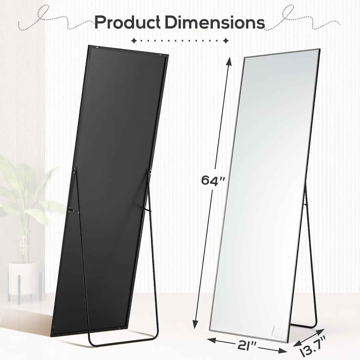 Mirror Full Length, 21"x64" Body Wall Mirrors, Floor Standing, Large Tall Mirror with Stand Aluminum Alloy Frame