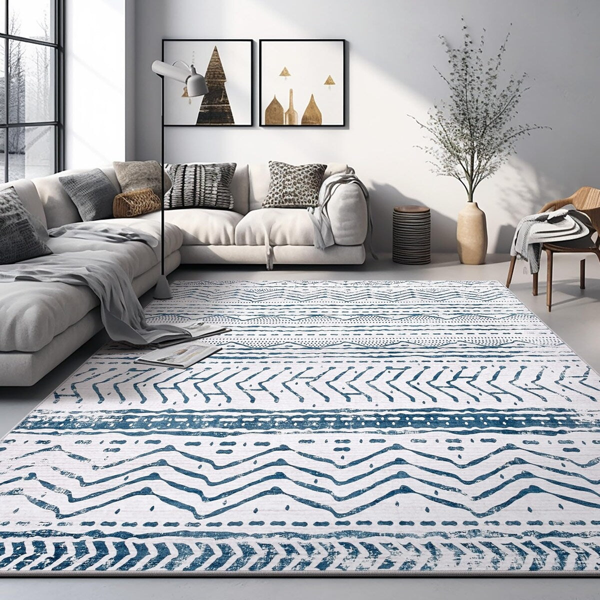 Area Rug: 5x7 Large Soft Machine Washable Boho Moroccan Farmhouse Neutral Stain Resistant Indoor Floor Rug Carpet - 6' x 7'