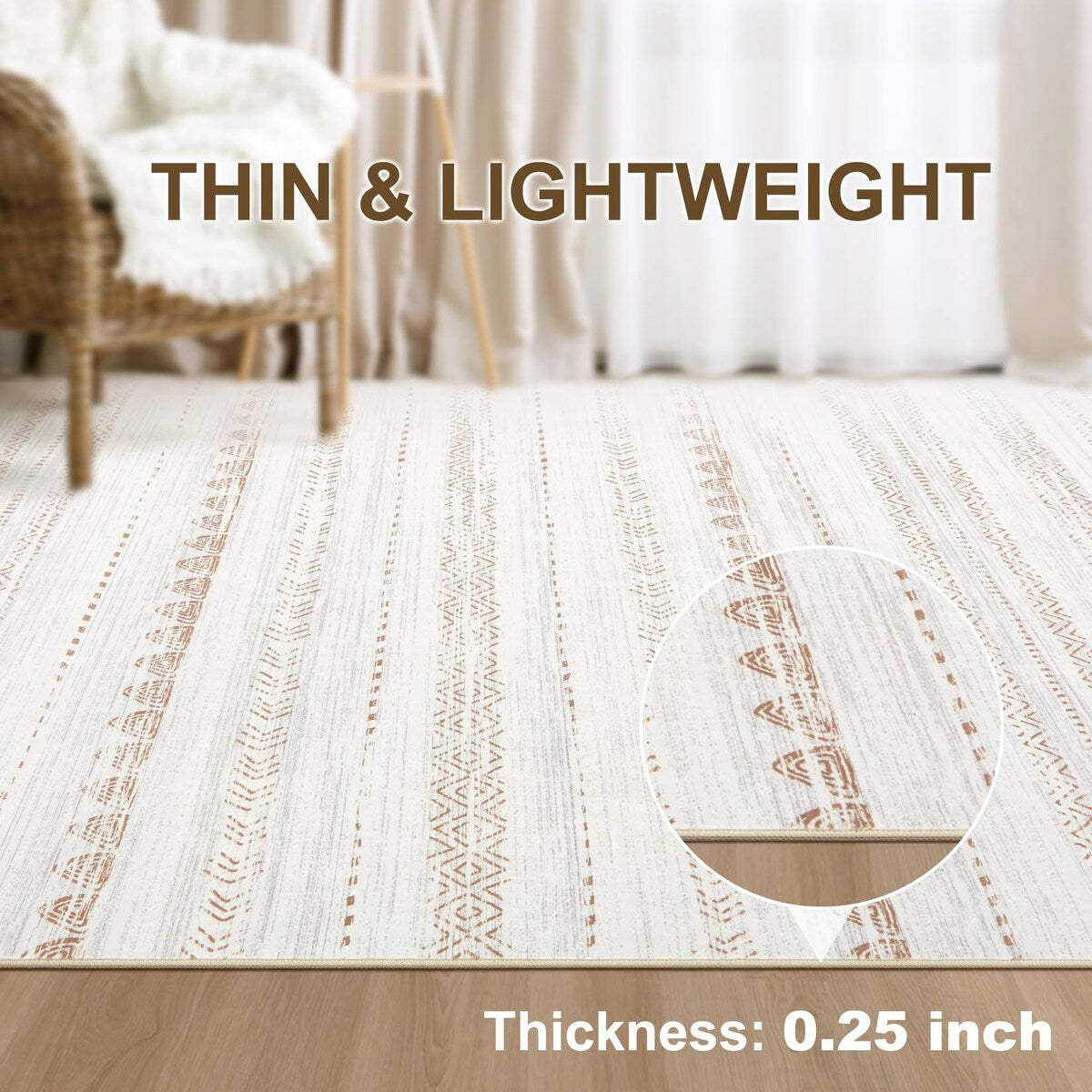 Area Rug: 5x7 Large Soft Machine Washable Boho Moroccan Farmhouse Neutral Stain Resistant Indoor Floor Rug Carpet - 6' x 7'