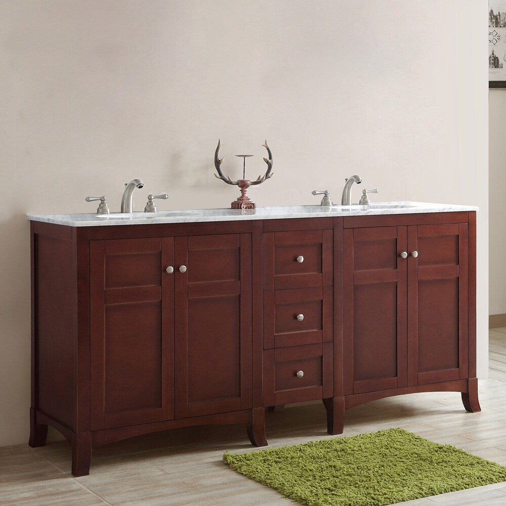 Arezzo 72-Inch Double Vanity in Antique Cherry with Carrara White Marble Top without Mirror