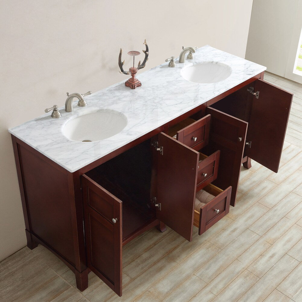Arezzo 72-Inch Double Vanity in Antique Cherry with Carrara White Marble Top without Mirror