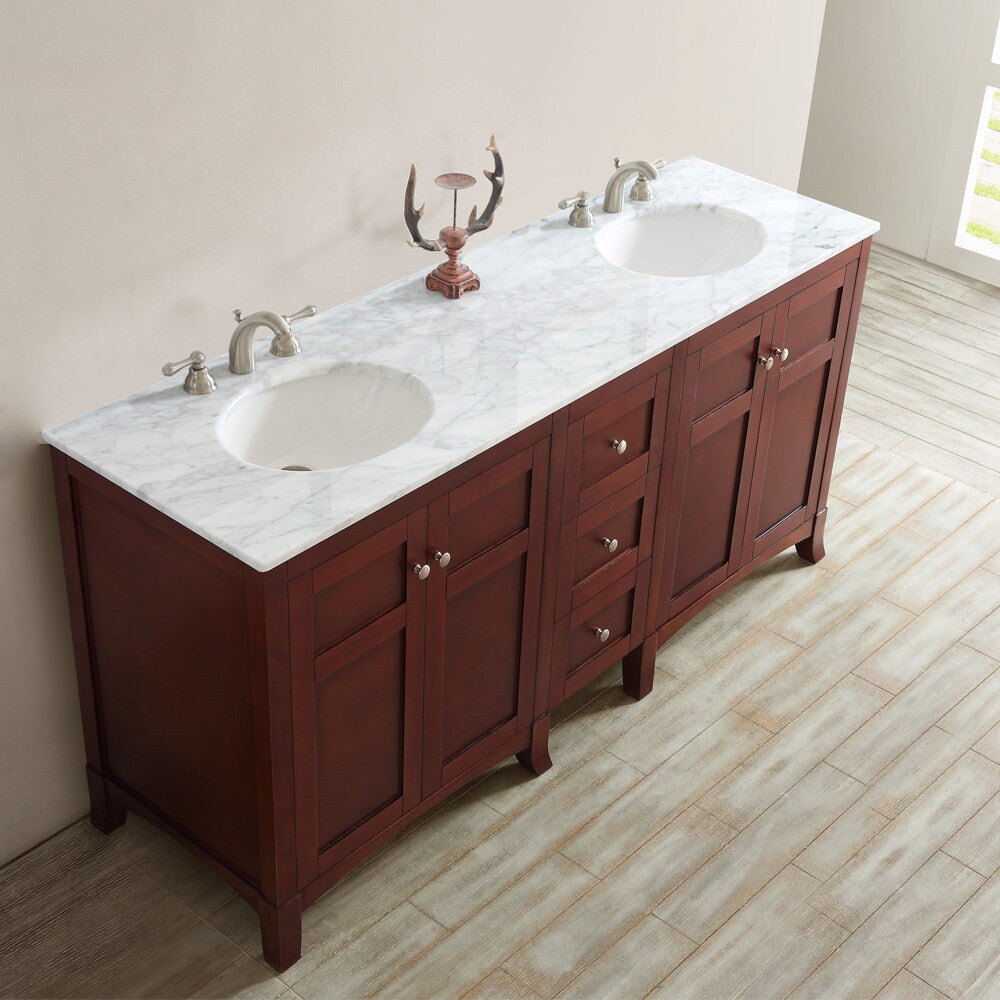 Arezzo 72-Inch Double Vanity in Antique Cherry with Carrara White Marble Top without Mirror