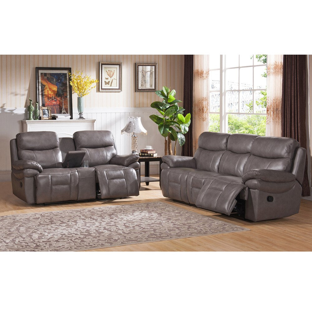 Argo Grey Premium Top Grain Leather Lay Flat Reclining Sofa and Loveseat