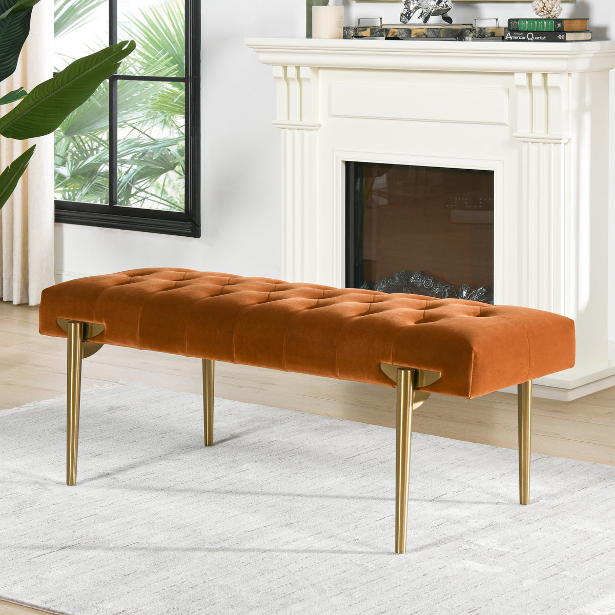 Aria Glam Velvet Upholstered Tufted Gold Accent Entryway Bench