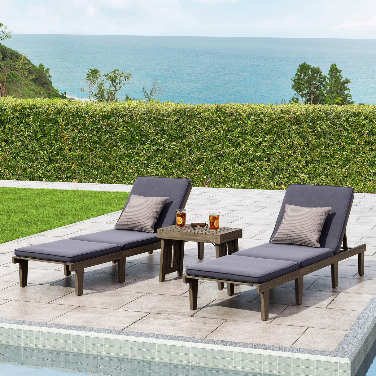 Ariana Outdoor Acacia Wood 3 Piece Chaise Lounge Set with Water-Resistant Cushions by Christopher Knight Home