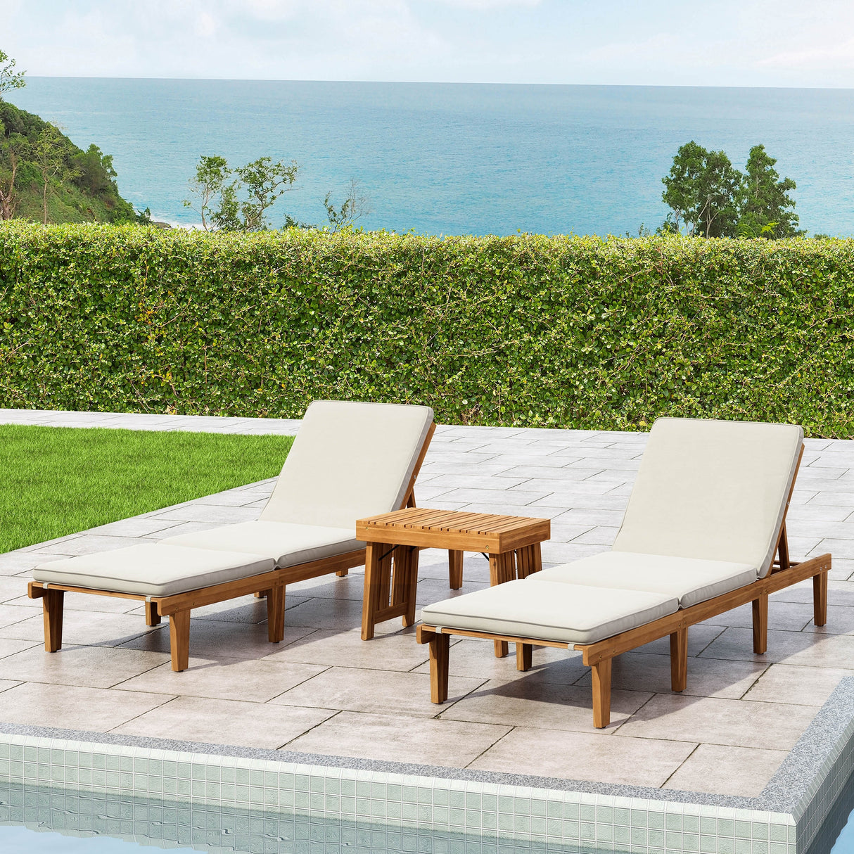 Ariana Outdoor Acacia Wood 3 Piece Chaise Lounge Set with Water-Resistant Cushions by Christopher Knight Home