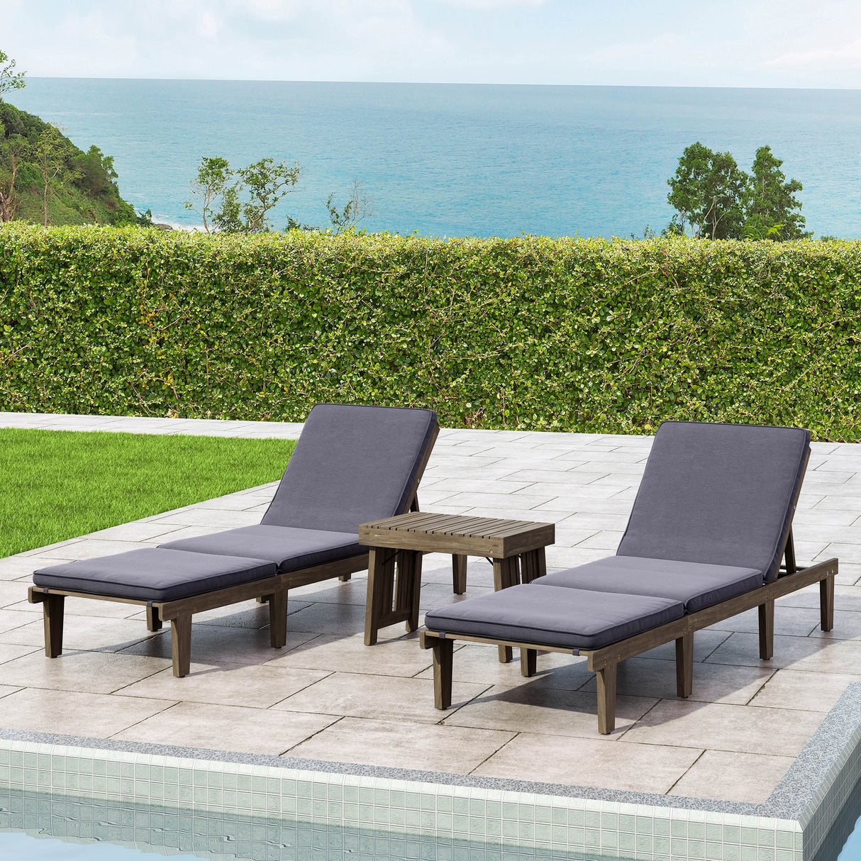 Ariana Outdoor Acacia Wood 3 Piece Chaise Lounge Set with Water-Resistant Cushions by Christopher Knight Home