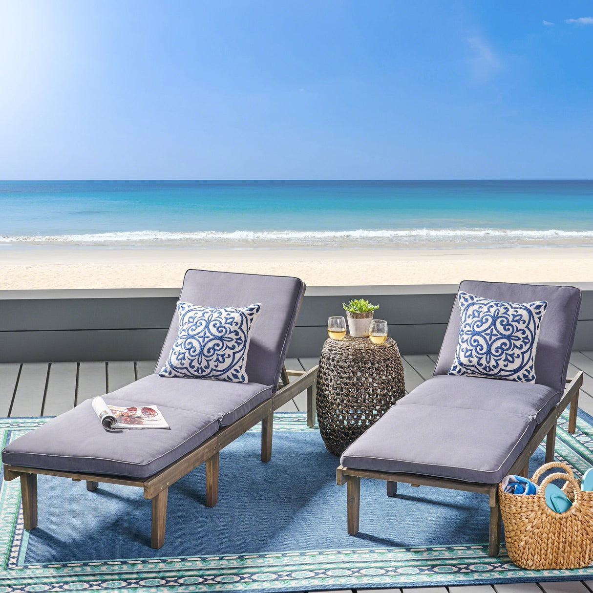 Ariana Outdoor Cushioned Acacia Chaise Lounges (Set of 2) by Christopher Knight Home
