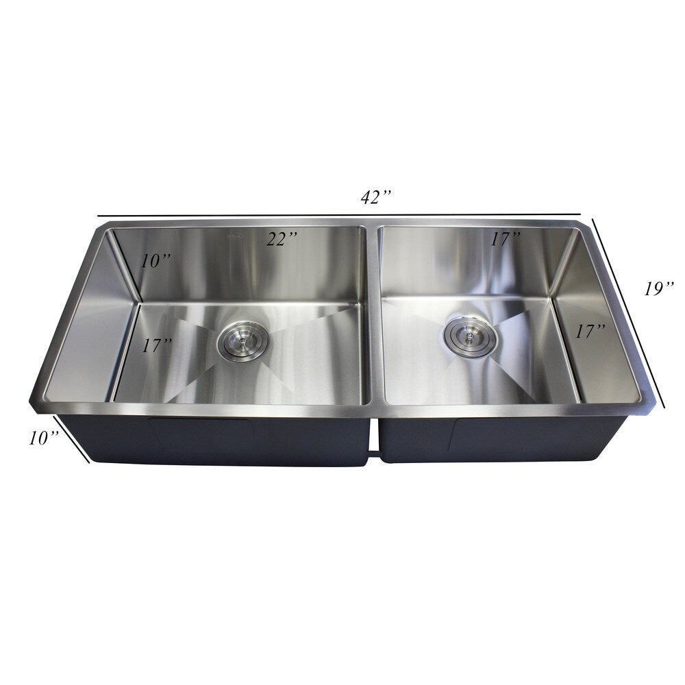 42" Stainless Steel 15mm Radius Double 60/40 Bowl 16 Gauge Undermount Kitchen Sink Complete Combo Accessories