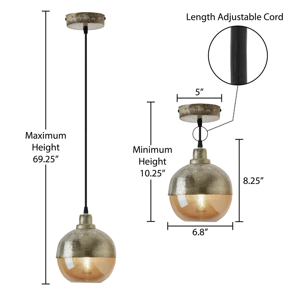 Arla River of Goods Silver and Amber Globe-Shaped Retro Pendant Lamp - 6.8" x 6.8" x 10.25/69.25"