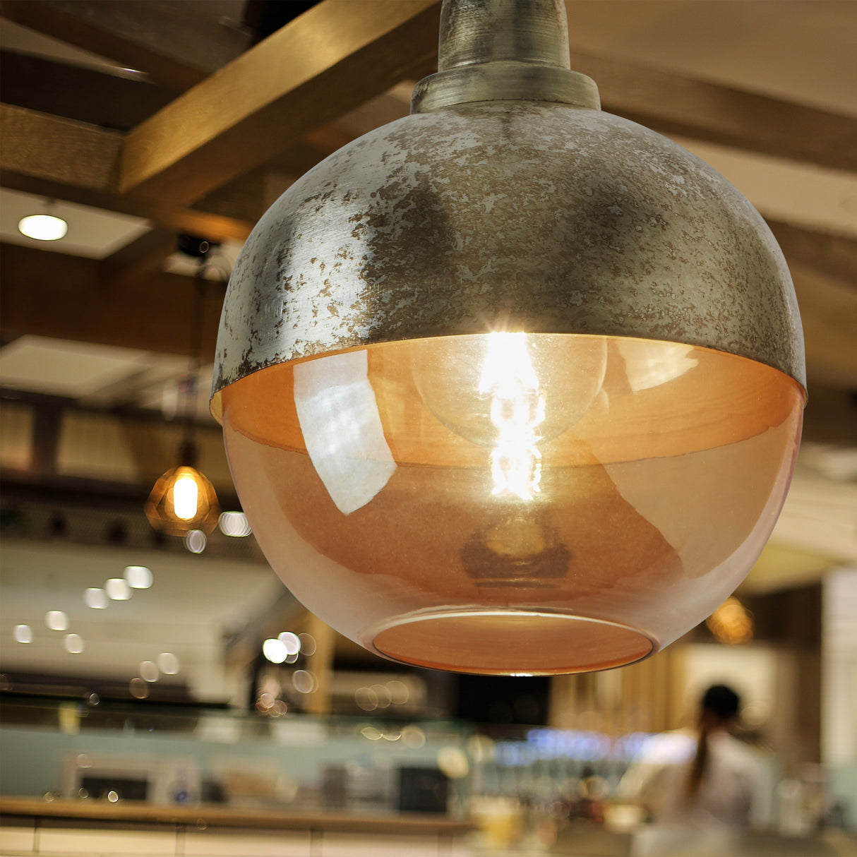 Arla River of Goods Silver and Amber Globe-Shaped Retro Pendant Lamp - 6.8" x 6.8" x 10.25/69.25"