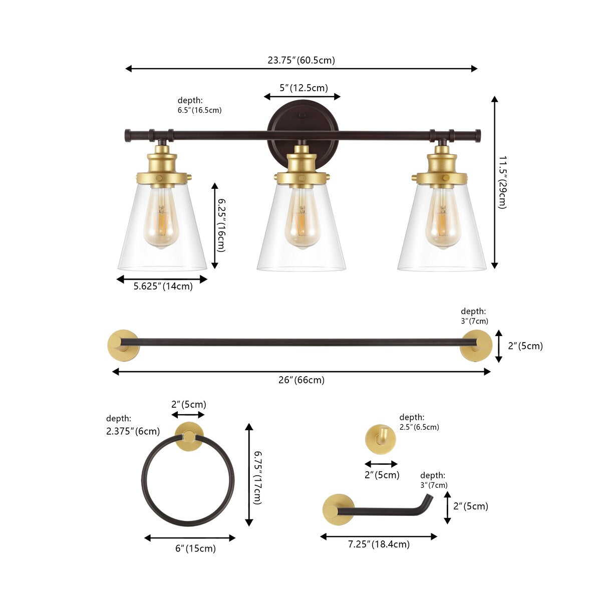 Arlo 23.75" 3-Light Traditional Farmhouse Vanity Light with Bathroom Hardware Accessory Set, (5-Piece) by JONATHAN Y