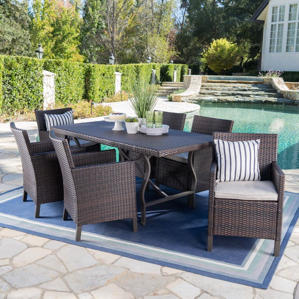 Arlo Outdoor 7-piece Rectangular Wicker Aluminum Dining Set with Cushions by Christopher Knight Home - N/A