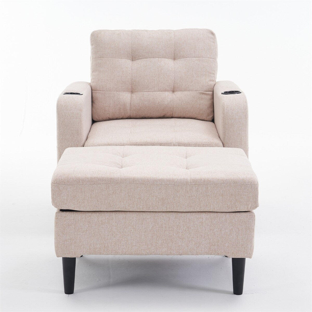 Armchair and Storage Ottoman Set with Cup Holders and Tufted Detailing