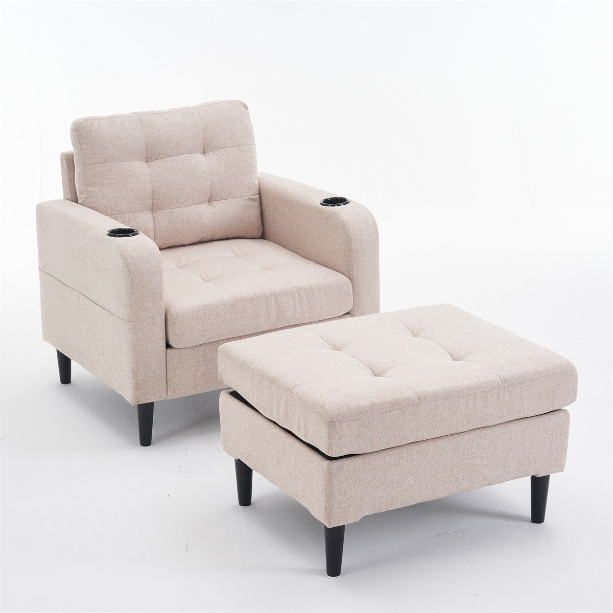 Armchair and Storage Ottoman Set with Cup Holders and Tufted Detailing