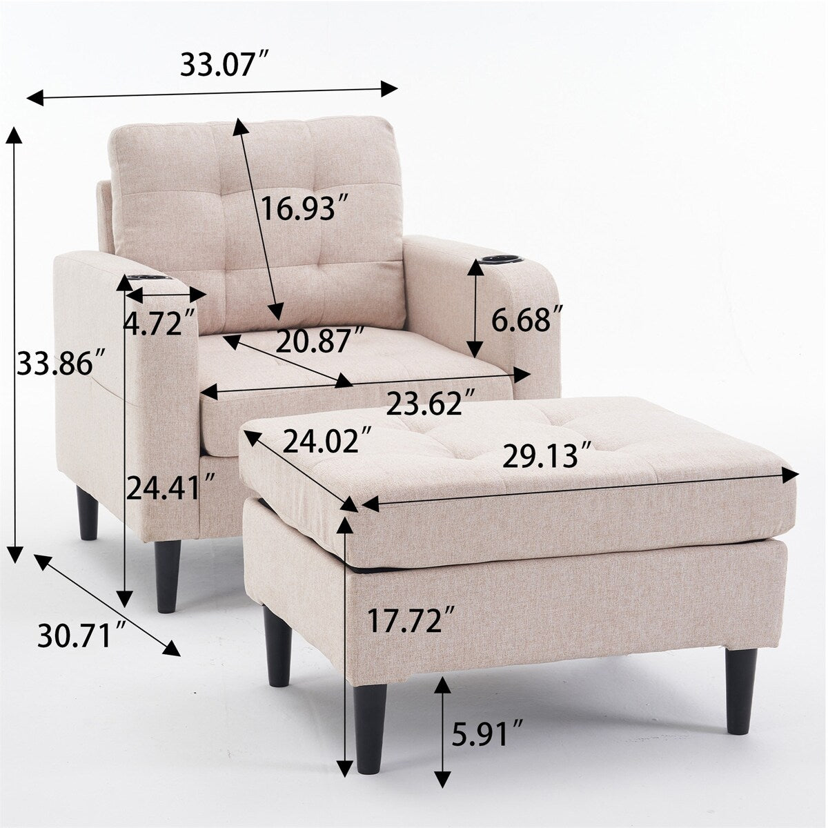 Armchair and Storage Ottoman Set with Cup Holders and Tufted Detailing