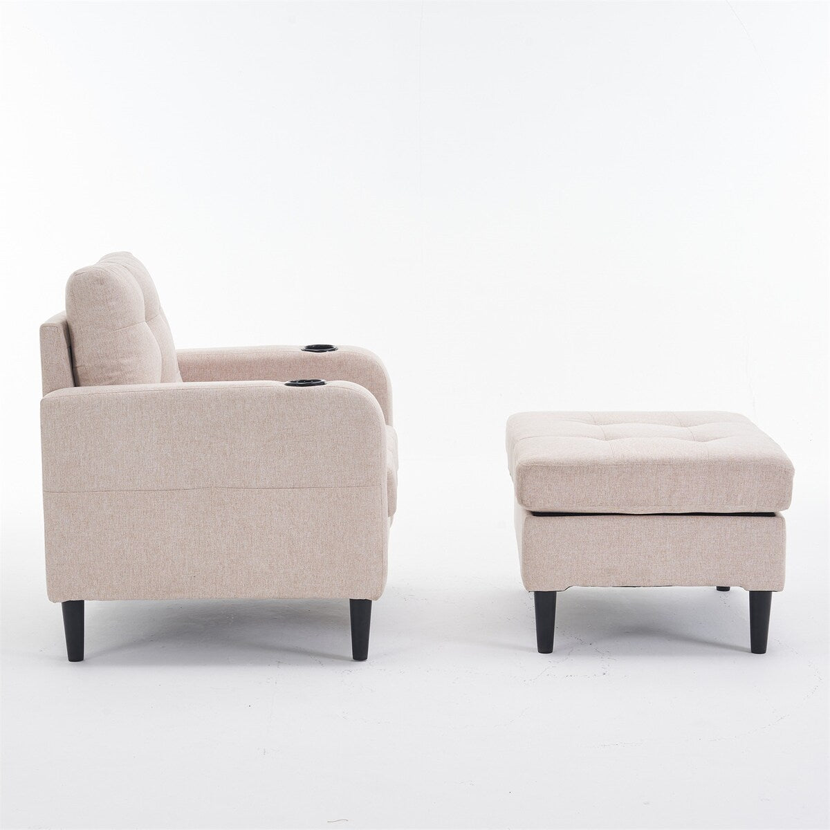 Armchair and Storage Ottoman Set with Cup Holders and Tufted Detailing