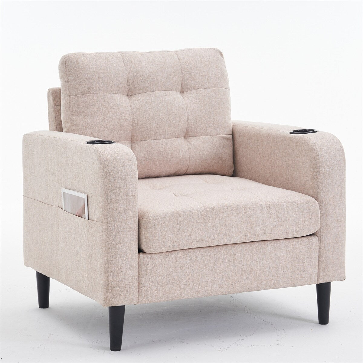 Armchair and Storage Ottoman Set with Cup Holders and Tufted Detailing