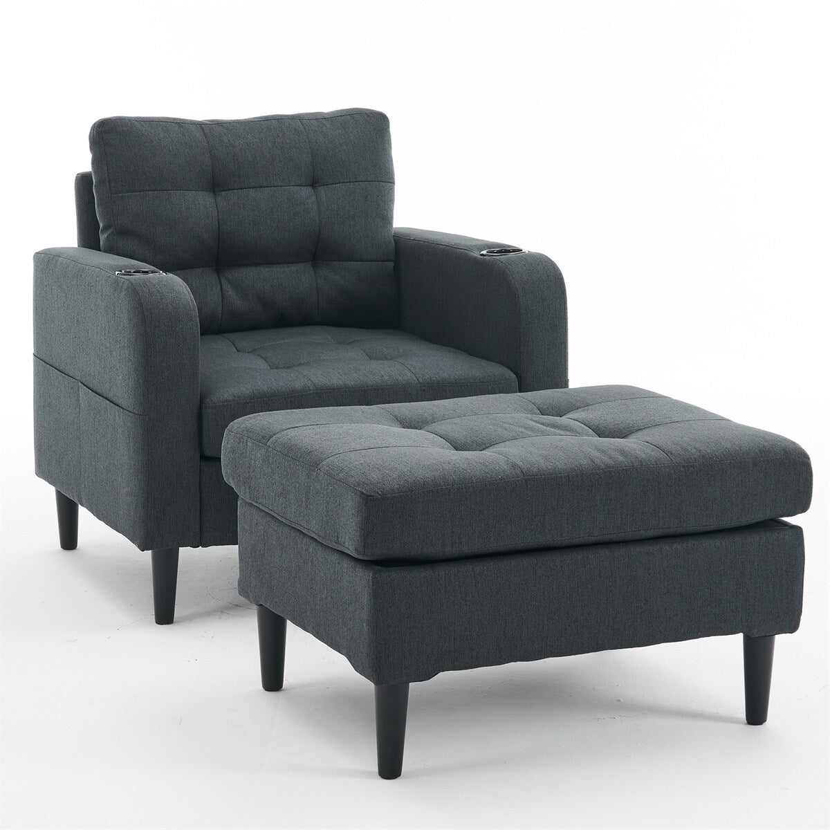 Armchair and Storage Ottoman Set with Cup Holders and Tufted Detailing
