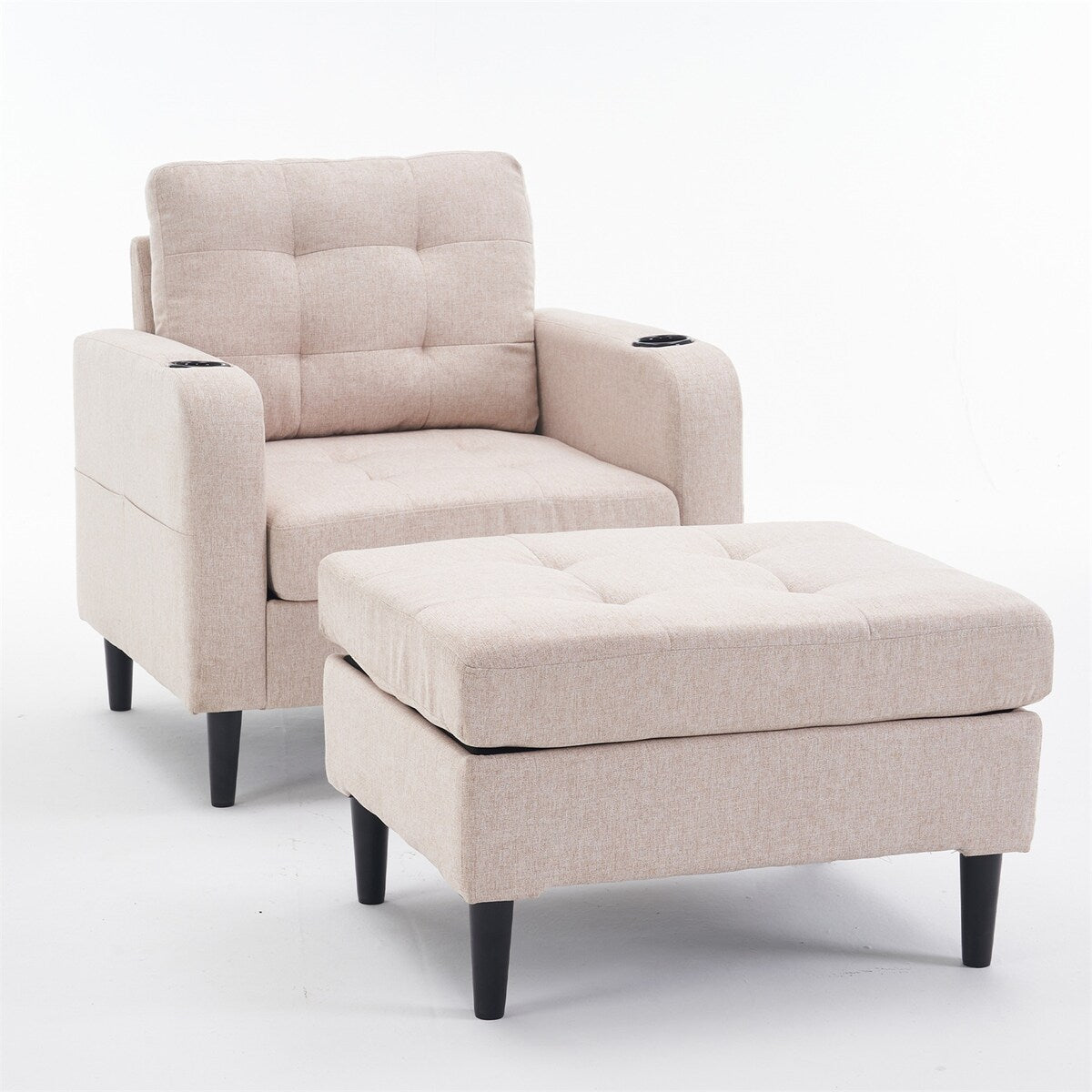 Armchair and Storage Ottoman Set with Cup Holders and Tufted Detailing