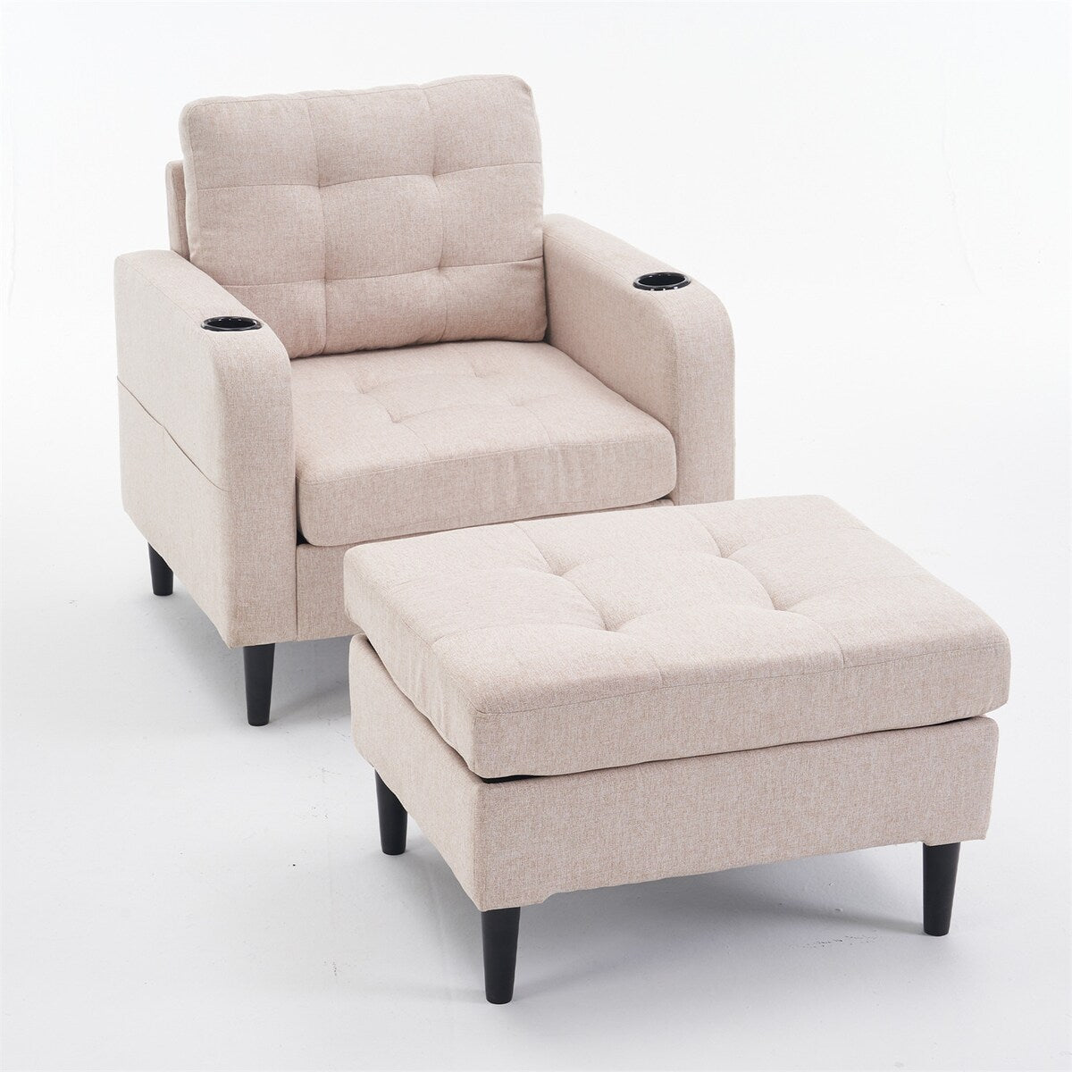 Armchair and Storage Ottoman Set with Cup Holders and Tufted Detailing
