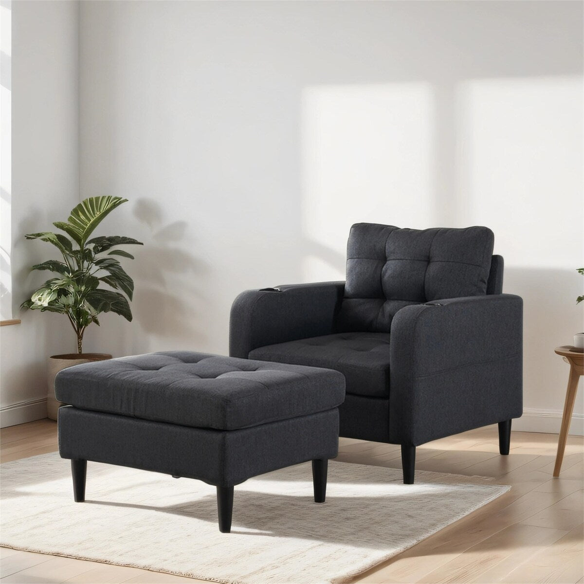 Armchair and Storage Ottoman Set with Cup Holders and Tufted Detailing