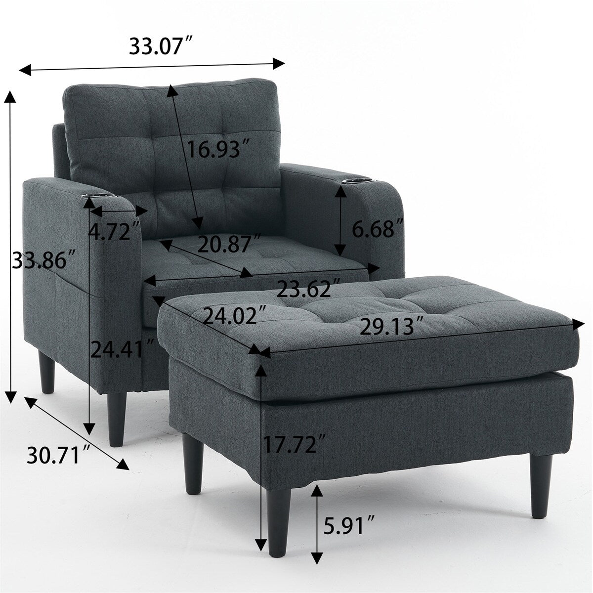 Armchair and Storage Ottoman Set with Cup Holders and Tufted Detailing