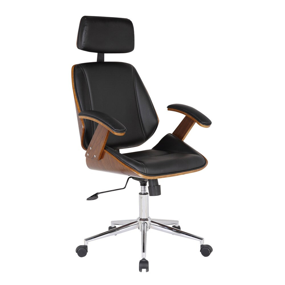 Armen Living Century Black PU Leather Office Chair with Walnut Veneer Back and Chrome Finish Base