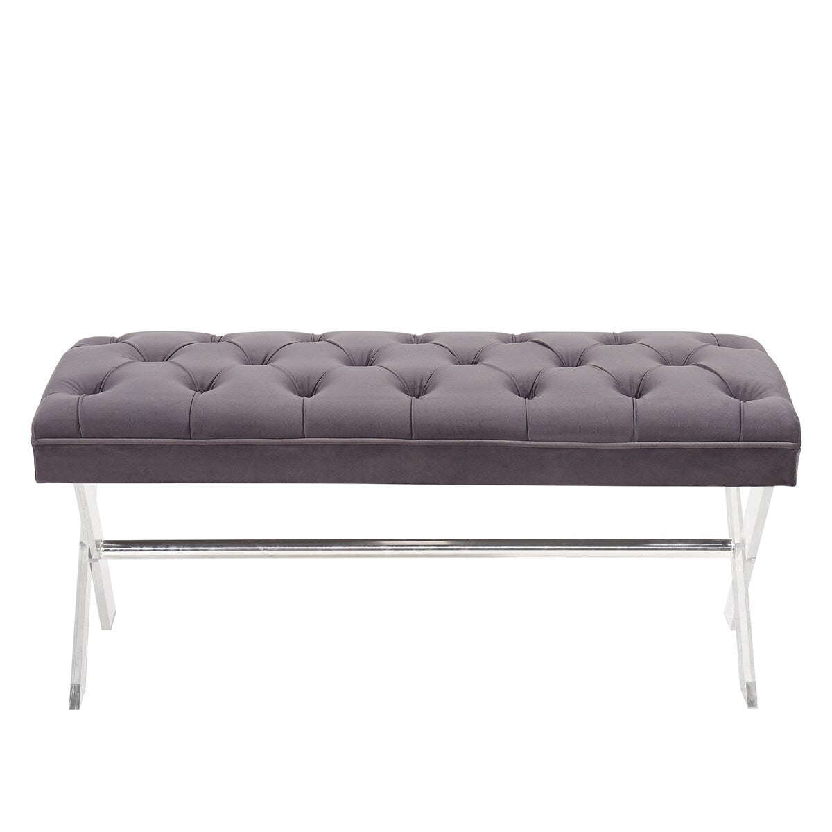 Armen Living Joanna Ottoman Bench with Tufted Velvet, Crystal Buttons and Acrylic Legs