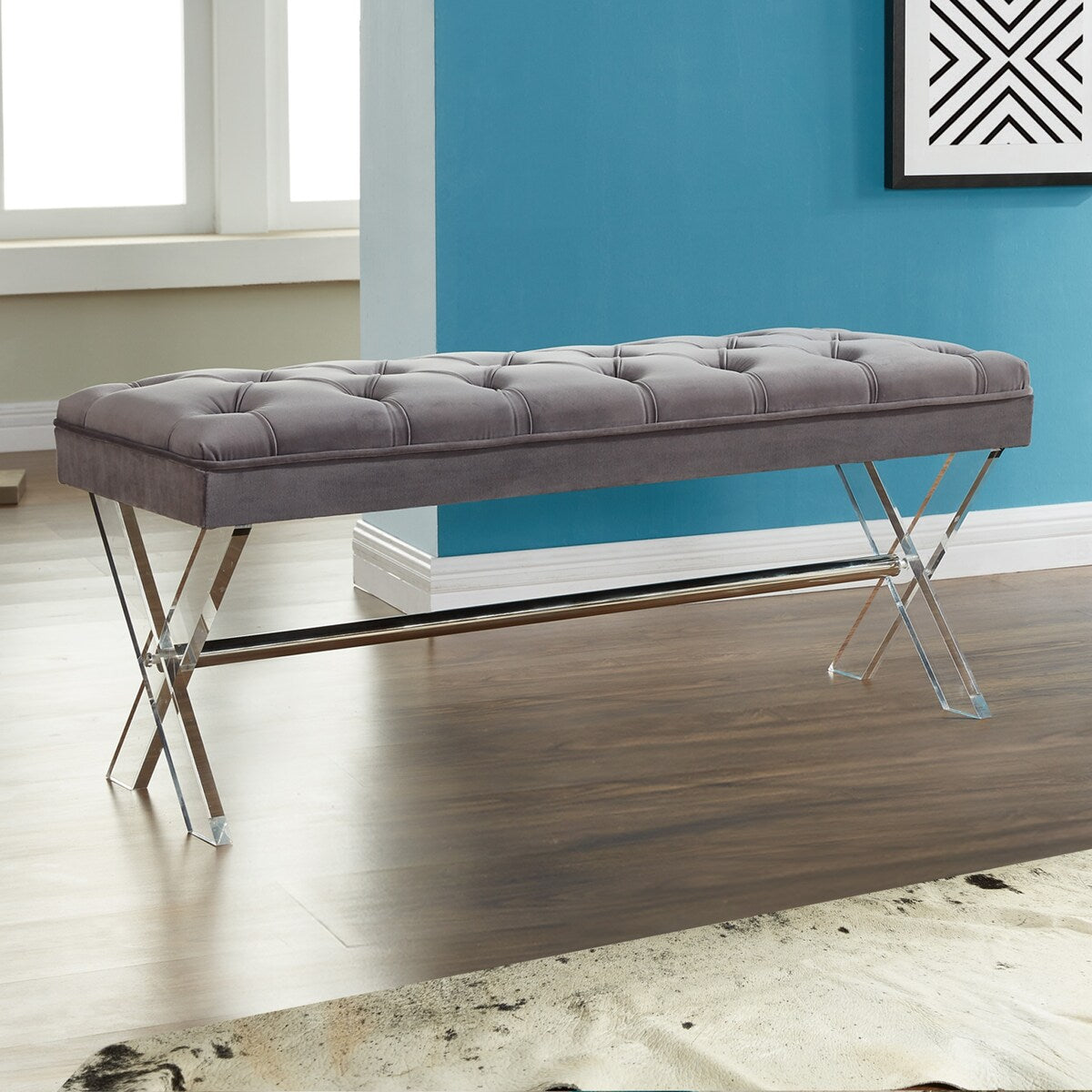 Armen Living Joanna Ottoman Bench with Tufted Velvet, Crystal Buttons and Acrylic Legs