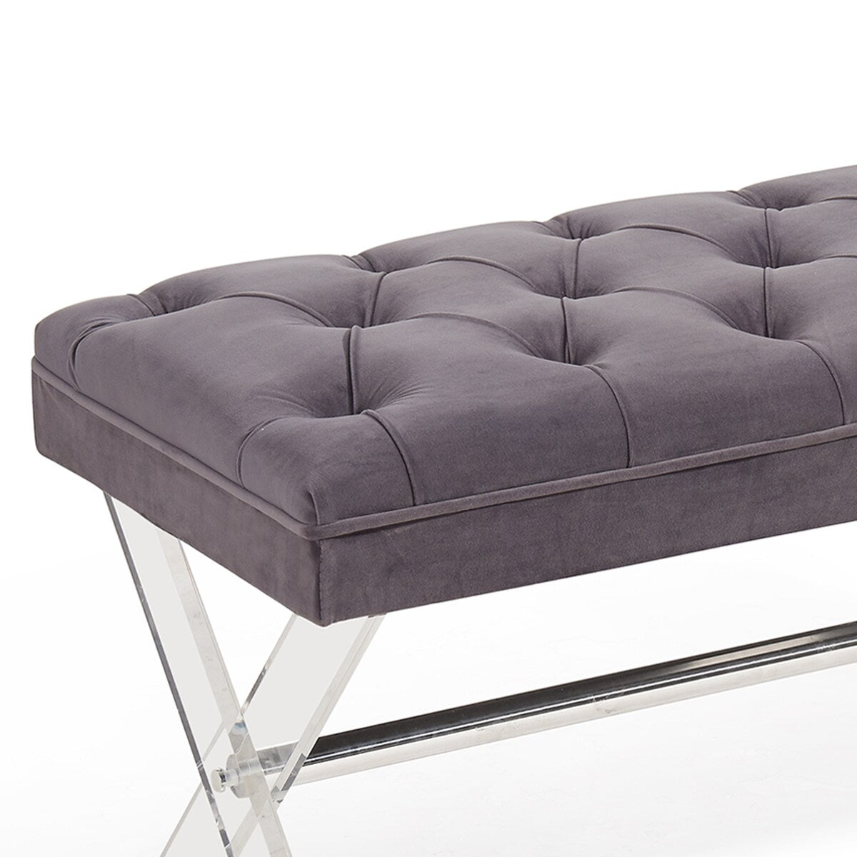 Armen Living Joanna Ottoman Bench with Tufted Velvet, Crystal Buttons and Acrylic Legs