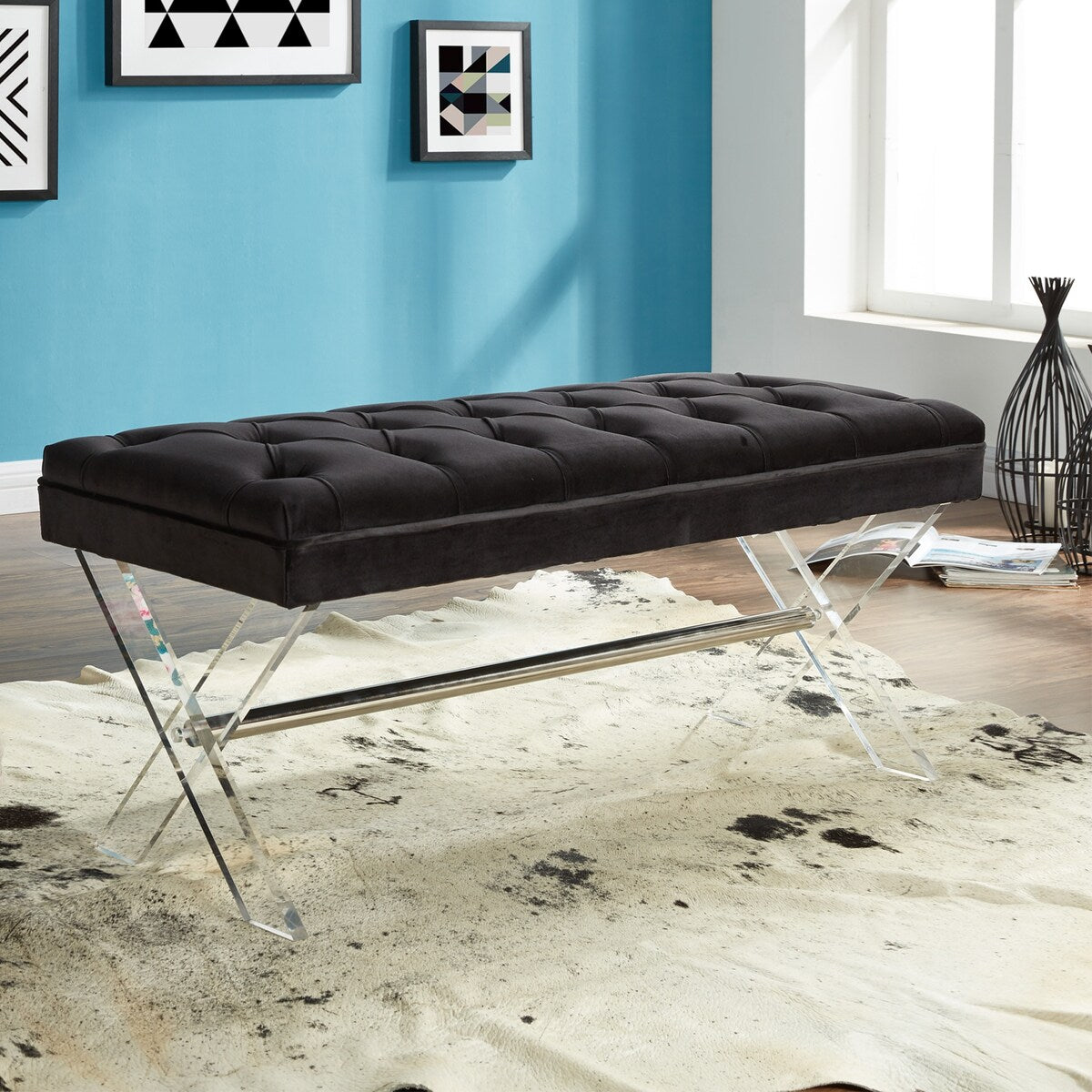Armen Living Joanna Ottoman Bench with Tufted Velvet, Crystal Buttons and Acrylic Legs