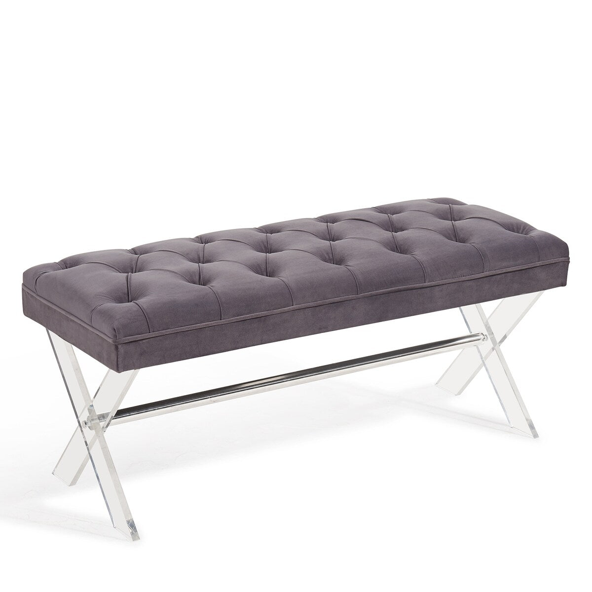 Armen Living Joanna Ottoman Bench with Tufted Velvet, Crystal Buttons and Acrylic Legs