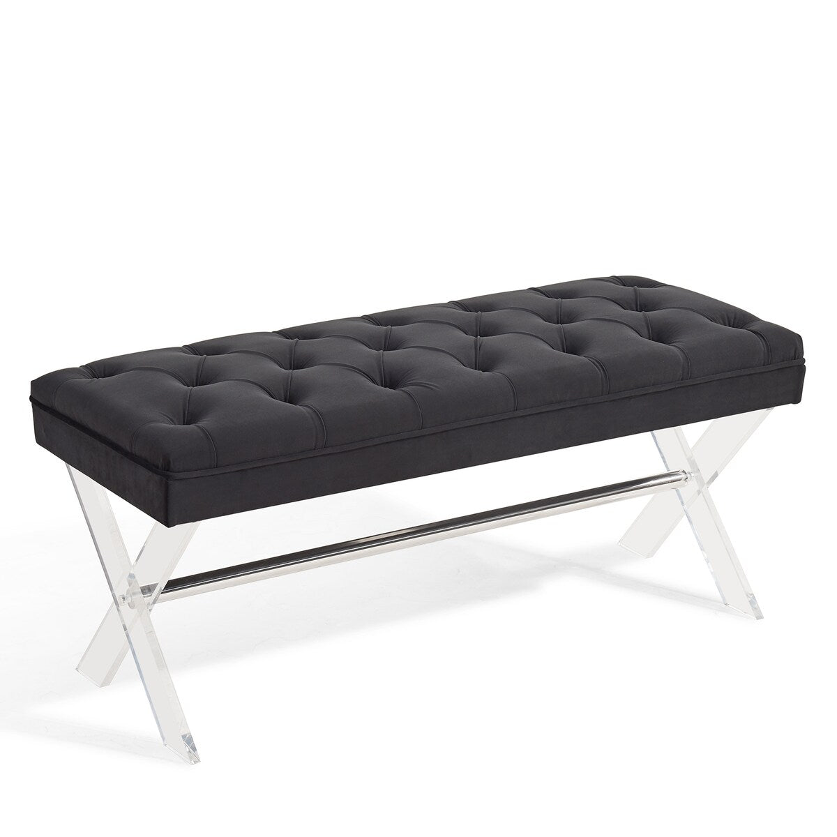 Armen Living Joanna Ottoman Bench with Tufted Velvet, Crystal Buttons and Acrylic Legs