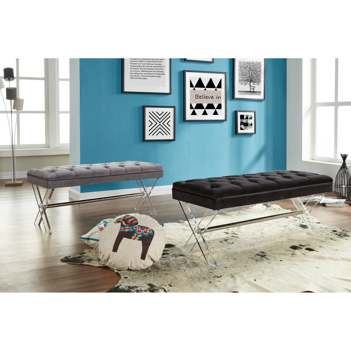Armen Living Joanna Ottoman Bench with Tufted Velvet, Crystal Buttons and Acrylic Legs