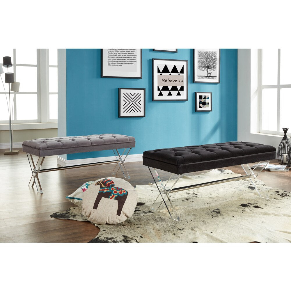 Armen Living Joanna Ottoman Bench with Tufted Velvet, Crystal Buttons and Acrylic Legs