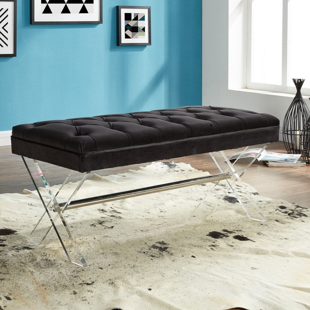 Armen Living Joanna Ottoman Bench with Tufted Velvet, Crystal Buttons and Acrylic Legs