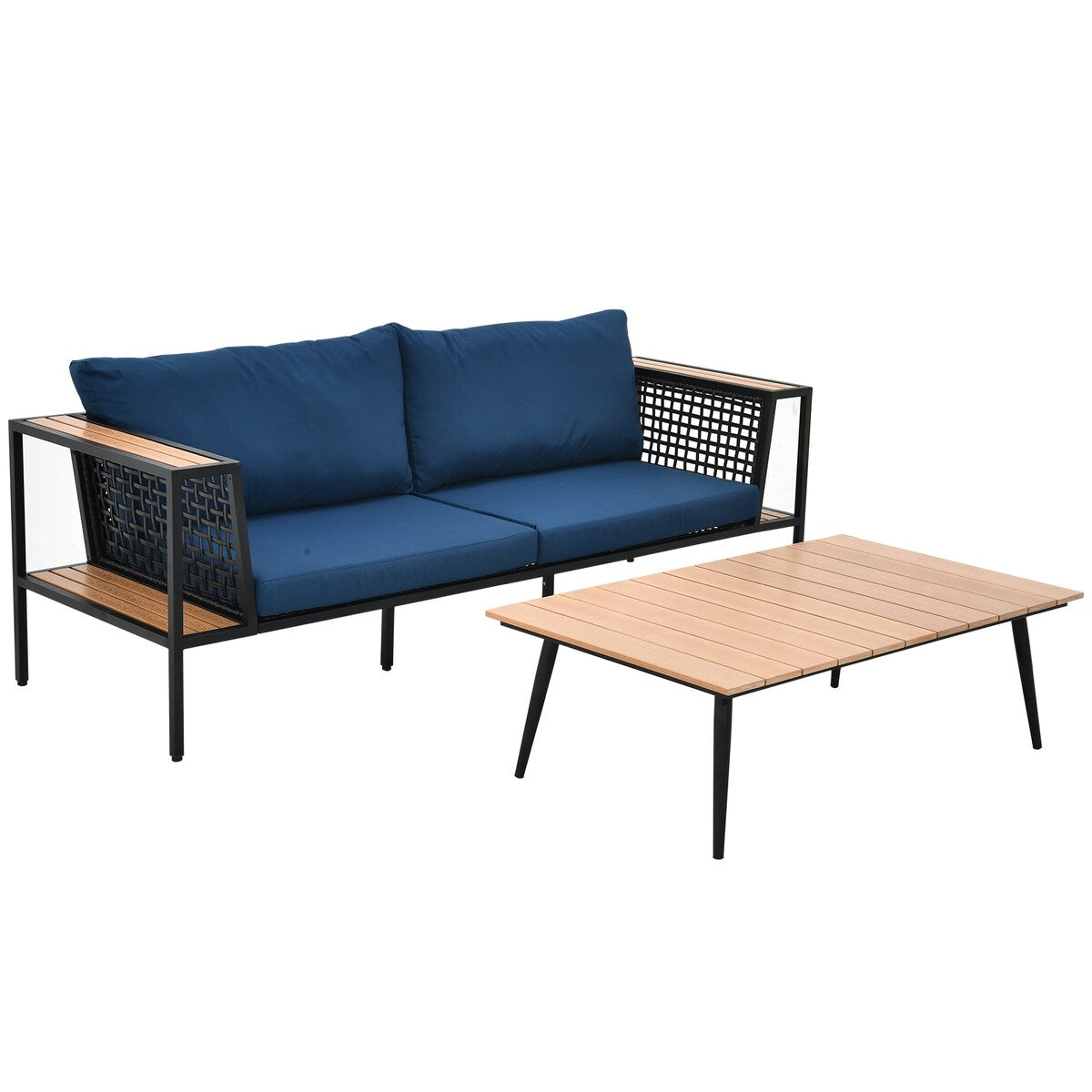 Arpil Wicker Loveseat Set with Plastic Wood Table Dining Set Navy Cushion