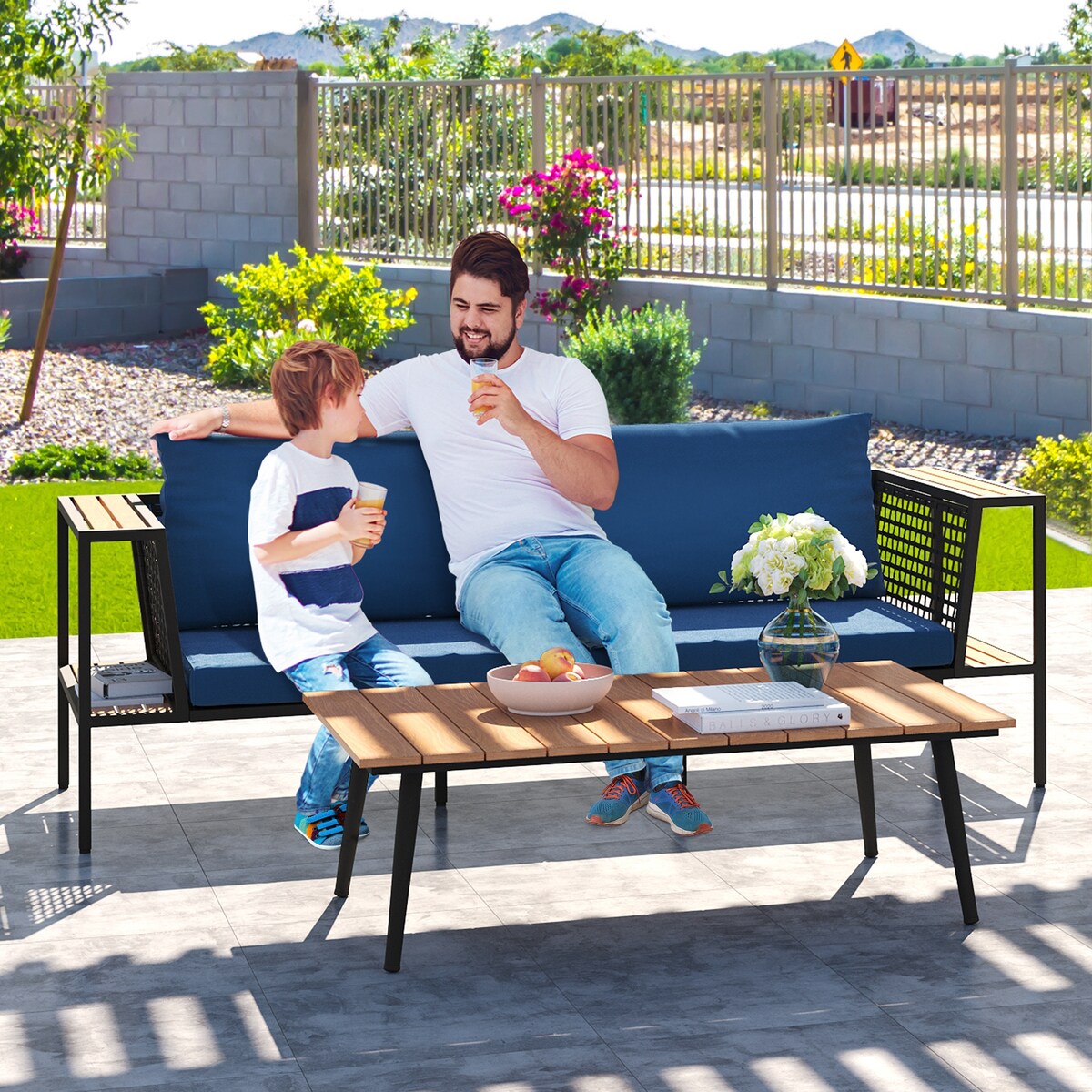 Arpil Wicker Loveseat Set with Plastic Wood Table Dining Set Navy Cushion