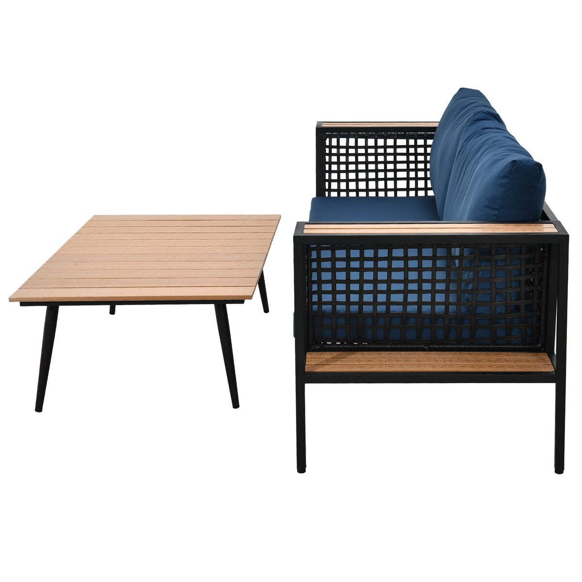 Arpil Wicker Loveseat Set with Plastic Wood Table Dining Set Navy Cushion