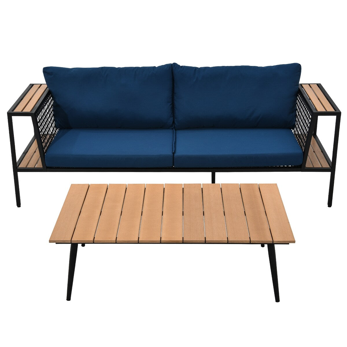 Arpil Wicker Loveseat Set with Plastic Wood Table Dining Set Navy Cushion