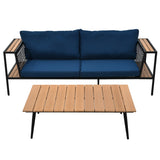 Arpil Wicker Loveseat Set with Plastic Wood Table Dining Set Navy Cushion