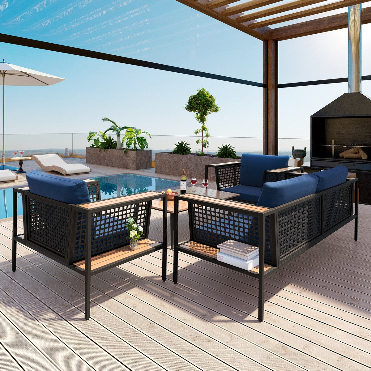 Arpil Wicker Loveseat Set with Plastic Wood Table Dining Set Navy Cushion